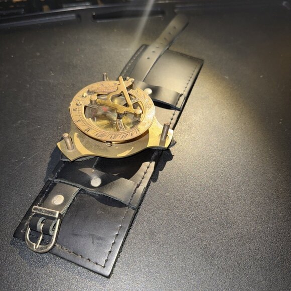 Sundial Wrist Watch Brass Compass & Leather Straps Nautical Steampunk Handmade - Picture 10 of 16